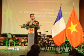 Đại sứ Việt Nam tại Pháp Trịnh Đức Hải nhấn mạnh quan hệ Việt - Pháp ngày nay đã vượt ra khỏi khuôn khổ của lịch sử chung và đang mạnh mẽ hướng tới tương lai. (Ảnh: Hữu Chiến/TTXVN)