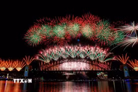 Pháo hoa rực rỡ chào đón năm mới 2026 tại Cầu Cảng Sydney, Australia. (Ảnh: THX/TTXVN)