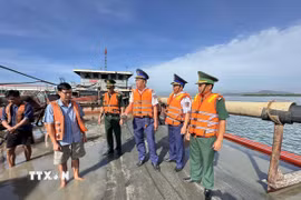 Lực lượng chức năng kiểm tra hàng hóa trên phương tiện ĐN 1233. (Ảnh: TTXVN phát)