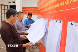 Người dân xem danh sách cử tri được niêm yết. (Ảnh: Mạnh Minh/TTXVN)