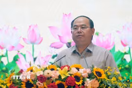 Bí thư Tỉnh ủy Quảng Ninh Quản Minh Cường phát biểu tại Hội nghị. (Ảnh: Văn Đức/TTXVN)