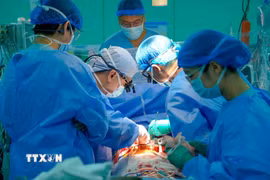 Các bác sỹ Bệnh viện Đại học Y dược Thành phố Hồ Chí Minh thực hiện ghép tim cho người bệnh. (Ảnh: TTXVN phát)