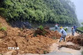 Khắc phục sự cố sạt lở trên Quốc lộ 49, thành phố Huế. (Ảnh: TTXVN phát)