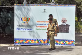 Cảnh sát được triển khai trước thềm Hội nghị thượng đỉnh BRICS tại New Delhi ngày 9/9/2026. (Ảnh: ANI/TTXVN phát)