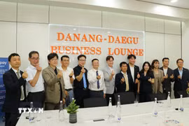 Các đại biểu chụp ảnh lưu niệm tại Lễ ra mắt Không gian trình diễn công nghệ và đổi mới sáng tạo thành phố Daegu (Hàn Quốc) tại Đà Nẵng. (Ảnh: Khoa Chương/TTXVN)