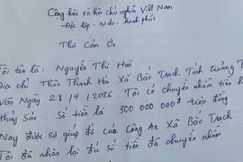 Sau khi nhận lại số tiền chuyển nhầm, bà Hòa đã viết thư cảm ơn gửi đến Công an xã Bắc Trạch. (Nguồn: Công an xã Bắc Trạch)
