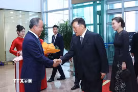 Chủ nhiệm Văn phòng Chủ tịch nước Lê Khánh Hải đón Nhà vua Vương quốc Thái Lan Maha Vajiralongkorn Phra Vajiraklaochaoyuhua và Hoàng hậu tại sân bay quốc tế Nội Bài, Hà Nội. (Ảnh: Văn Điệp/TTXVN)