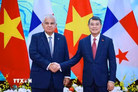 Thủ tướng Lê Minh Hưng hội kiến Tổng thống Cộng hòa Panama José Raúl Mulino. (Ảnh: Dương Giang/TTXVN)