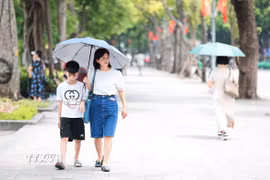 Người dân che ô khi di chuyển dưới trời nắng gay gắt. (Ảnh: Lê Đông/TTXVN)