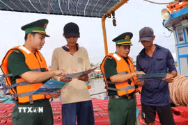 Tuyên truyền chống khai thác IUU cho ngư dân. (Ảnh: Thanh Hòa/TTXVN)