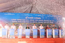 Lãnh đạo thành phố Cần Thơ thực hiện nghi thức bấm nút khởi công. (Ảnh: Ngọc Thiện/TTXVN)
