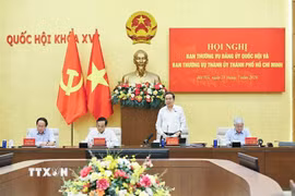 Chủ tịch Quốc hội Trần Thanh Mẫn phát biểu tại Hội nghị Ban Thường vụ Đảng ủy Quốc hội và Ban Thường vụ Thành ủy Thành phố Hồ Chí Minh.(Ảnh: Doãn Tấn/TTXVN)