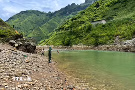 Lực lượng chức năng mở rộng phạm vi tìm kiếm dọc sông Nho Quế, xã Sơn Vĩ, tỉnh Tuyên Quang. (Ảnh: TTXVN phát)