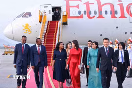 Lễ đón Thủ tướng nước Cộng hòa Dân chủ Liên bang Ethiopia Abiy Ahmed Ali và Phu nhân tại Sân bay quốc tế Nội Bài. (Ảnh: Minh Đức/TTXVN)