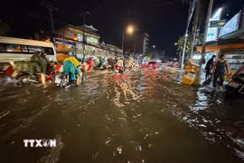 Ngập trên đường Phan Văn Hớn, phường Đông Hưng Thuận, Thành phố Hồ Chí Minh (Ảnh: Hồng Đạt/TTXVN)
