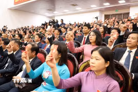 Các đại biểu biểu quyết thông qua dự thảo Nghị quyết Đại hội. (Ảnh: Đức Phương/TTXVN)