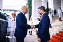Thủ tướng Lê Minh Hưng đón Thủ tướng Ba Lan Donald Tusk. (Ảnh: Dương Giang/TTXVN)