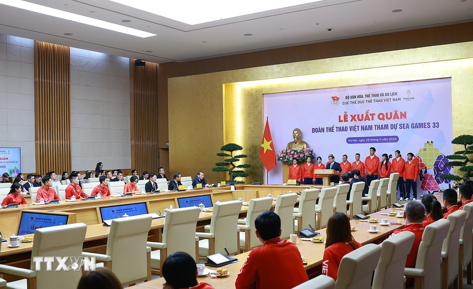 Lễ xuất quân Đoàn thể thao Việt Nam tham dự SEA Games 33. (Ảnh: Dương Giang/TTXVN)