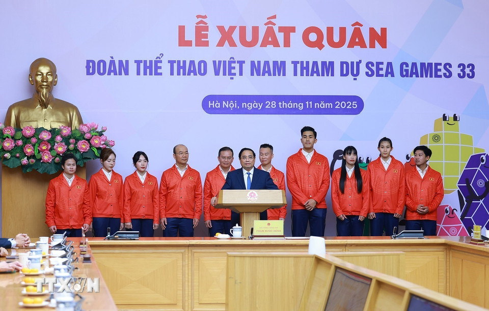 Thủ tướng Phạm Minh Chính động viên, giao nhiệm vụ cho Đoàn thể thao Việt Nam tham dự SEA Games 33. (Ảnh: Dương Giang/TTXVN)