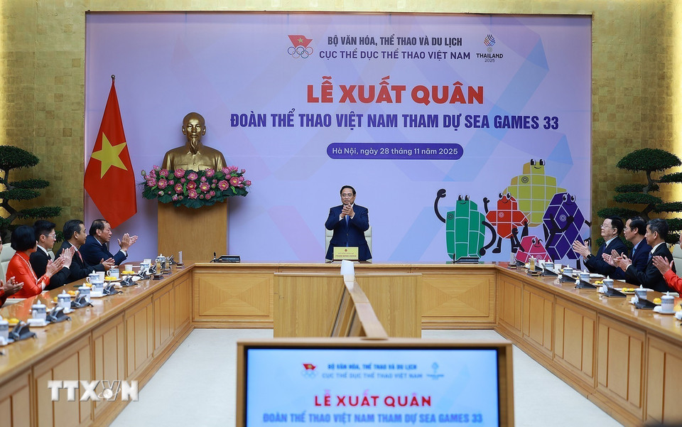 Thủ tướng Phạm Minh Chính dự Lễ xuất quân Đoàn thể thao Việt Nam tham dự SEA Games 33. (Ảnh: Dương Giang/TTXVN)