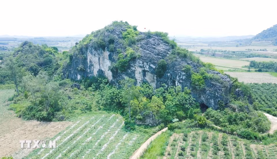 Núi Lèn Chùa (giáp ranh giữa hai xã Nghĩa Hưng và Nghĩa Thành, huyện Nghĩa Đàn, Nghệ An), nơi phát hiện ra nhiều bộ hài cốt nghi của người. (Ảnh: TTXVN phát)