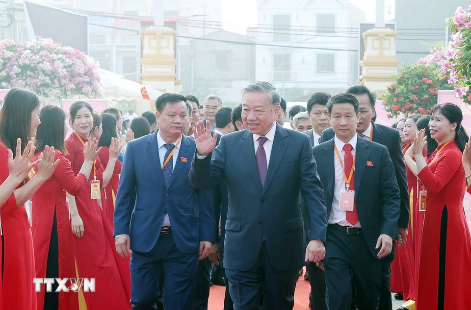 Tổng Bí thư Tô Lâm dự Đại hội đại biểu Đảng bộ xã Nghĩa Trụ lần thứ nhất. (Ảnh: Thống Nhất/TTXVN)