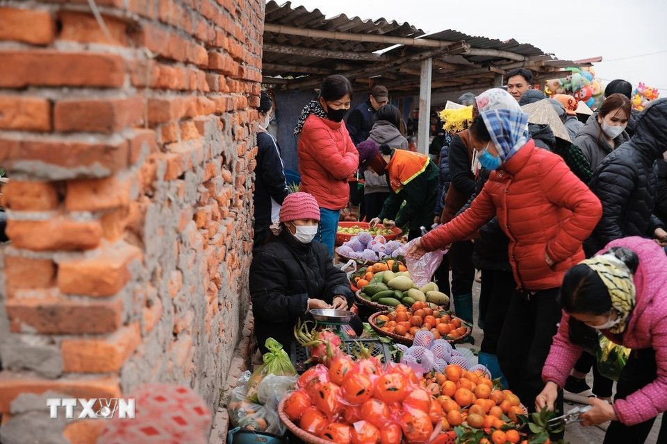 So với nhiều chợ khác, chợ Vé giữ được kiến trúc nguyên sơ của chợ quê xưa với nét giản dị, mộc mạc từ những gian chợ xây hình vòm, tường gạch mang dấu ấn thời gian đặc trưng của phiên chợ quê truyền thống vùng đồng bằng Bắc Bộ xưa.(Ảnh: Minh Quyết/TTXVN)