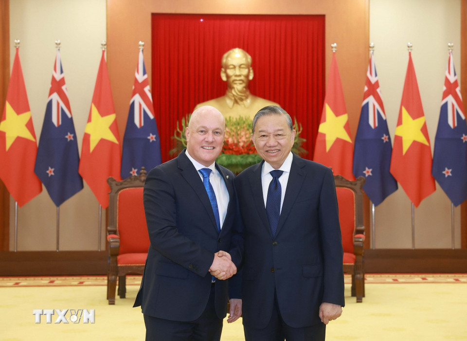 Tổng Bí thư Tô Lâm tiếp Thủ tướng New Zealand Christopher Luxon. (Ảnh: Thống Nhất/TTXVN)