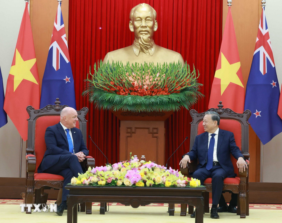 Tổng Bí thư Tô Lâm tiếp Thủ tướng New Zealand Christopher Luxon. (Ảnh: Thống Nhất/TTXVN)