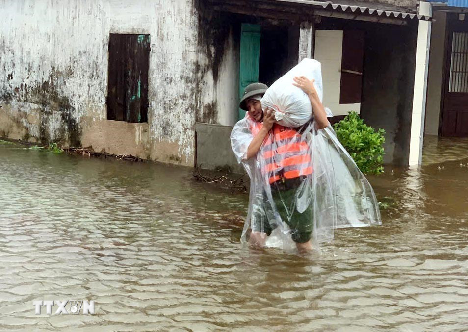 Công an xã Hải Thịnh, Ninh Bình huy động khoảng 30 cán bộ, phối hợp với chính quyền địa phương hỗ trợ người dân vận chuyển tài sản đến nơi an toàn. (Ảnh: Thái Thuần/TTXVN)