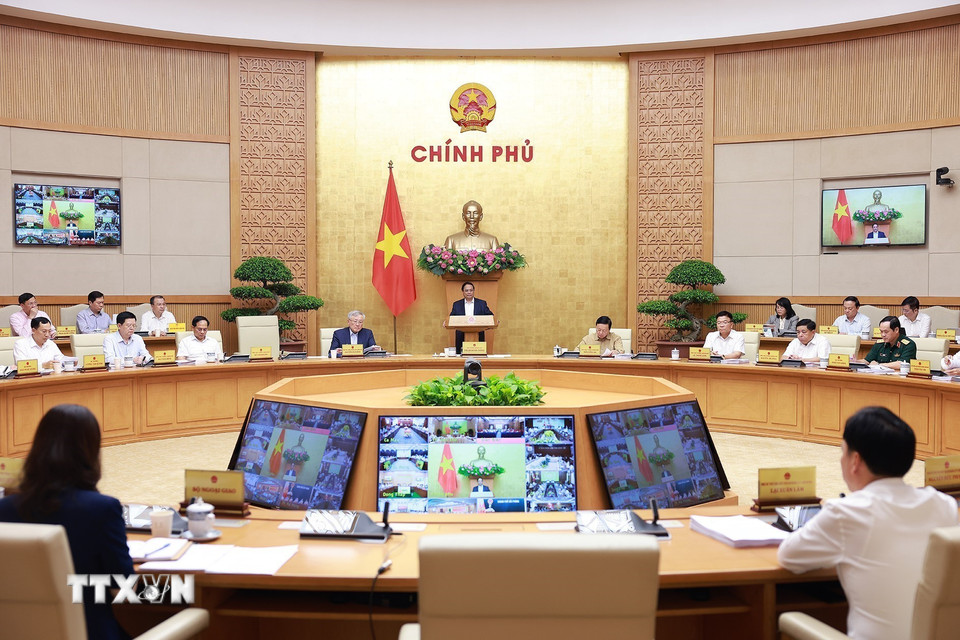 Thủ tướng Phạm Minh Chính chủ trì Phiên họp Chính phủ thường kỳ tháng 6 năm 2025 và Hội nghị trực tuyến Chính phủ với các địa phương.(Ảnh: Dương Giang/TTXVN)