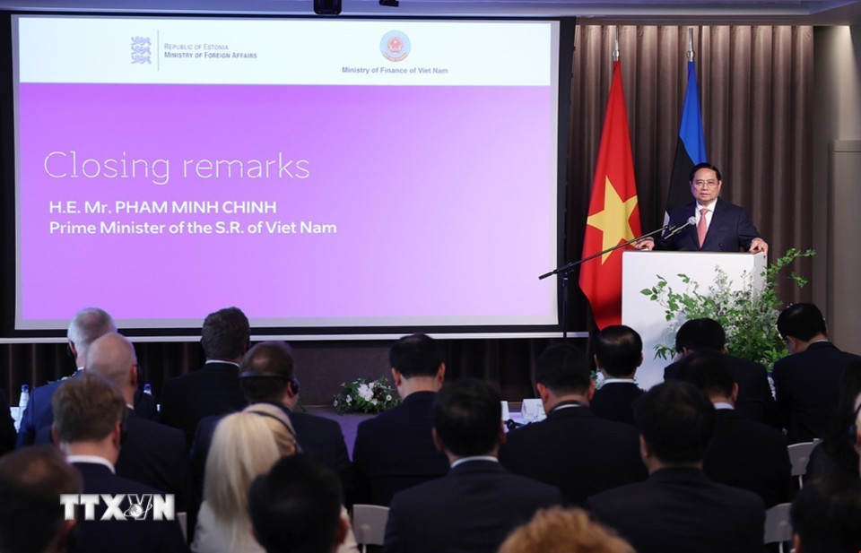 Thủ tướng Phạm Minh Chính phát biểu tại Diễn đàn doanh nghiệp Việt Nam-Estonia. (Ảnh: Dương Giang/TTXVN)