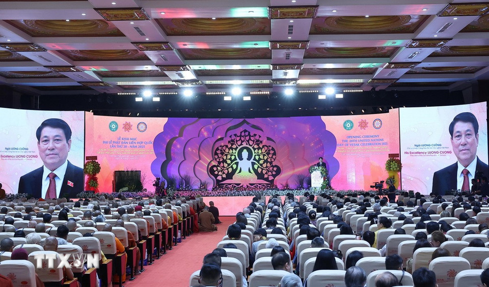 Chủ tịch nước Lương Cường phát biểu tại Lễ khai mạc Đại lễ Phật đản Liên hợp quốc lần thứ 20 - Vesak 2025. (Ảnh: Lâm Khánh/TTXVN)