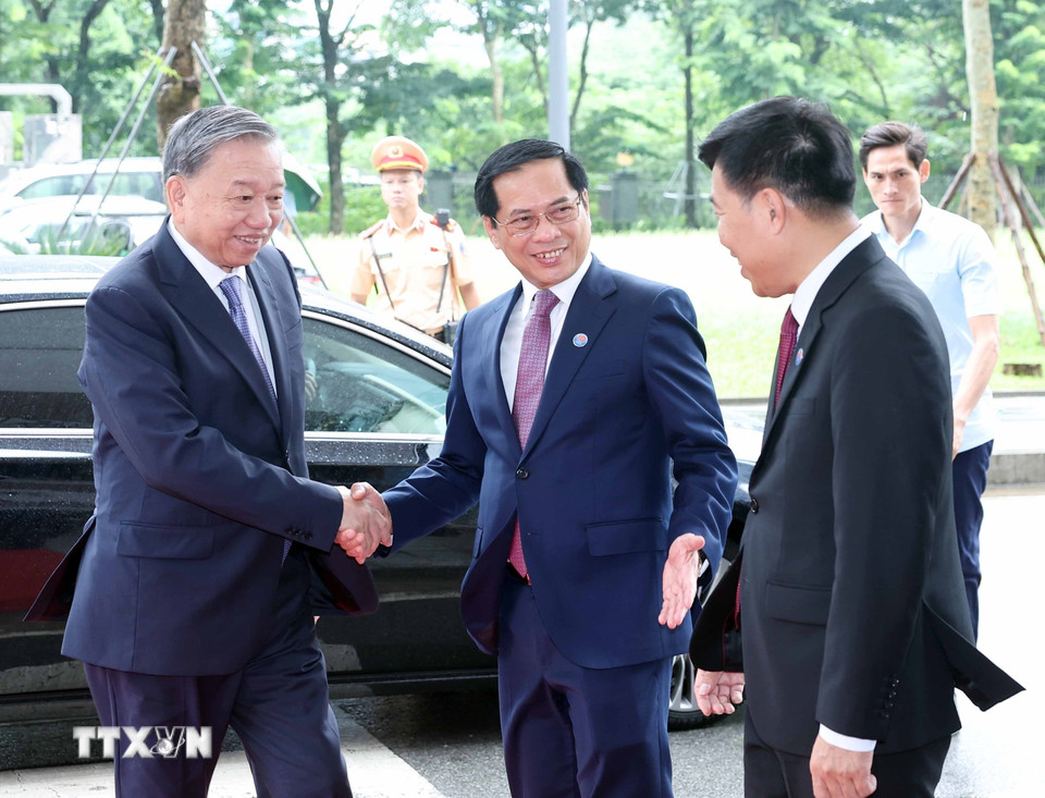 Phó Thủ tướng, Bộ trưởng Bộ Ngoại giao Bùi Thanh Sơn đón Tổng Bí thư Tô Lâm. (Ảnh: Thống Nhất/TTXVN)