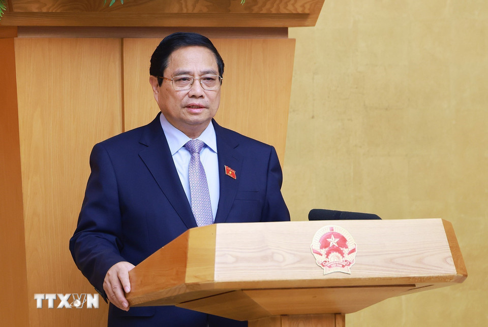Thủ tướng Phạm Minh Chính chủ trì Phiên họp Chính phủ thường kỳ tháng 4/2025. (Ảnh: Dương Giang/TTXVN)