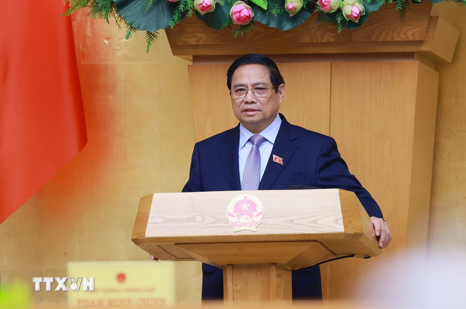Thủ tướng Phạm Minh Chính chủ trì Phiên họp Chính phủ thường kỳ tháng 4/2025. (Ảnh: Dương Giang/TTXVN)