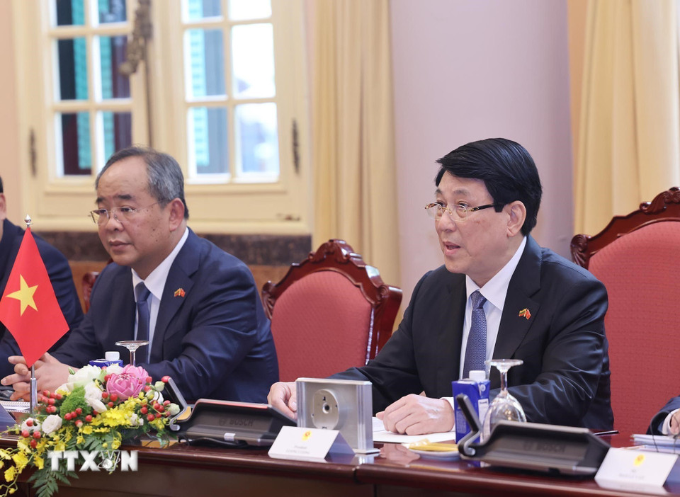 Chủ tịch nước Lương Cường phát biểu tại hội đàm. (Ảnh: Lâm Khánh/TTXVN)