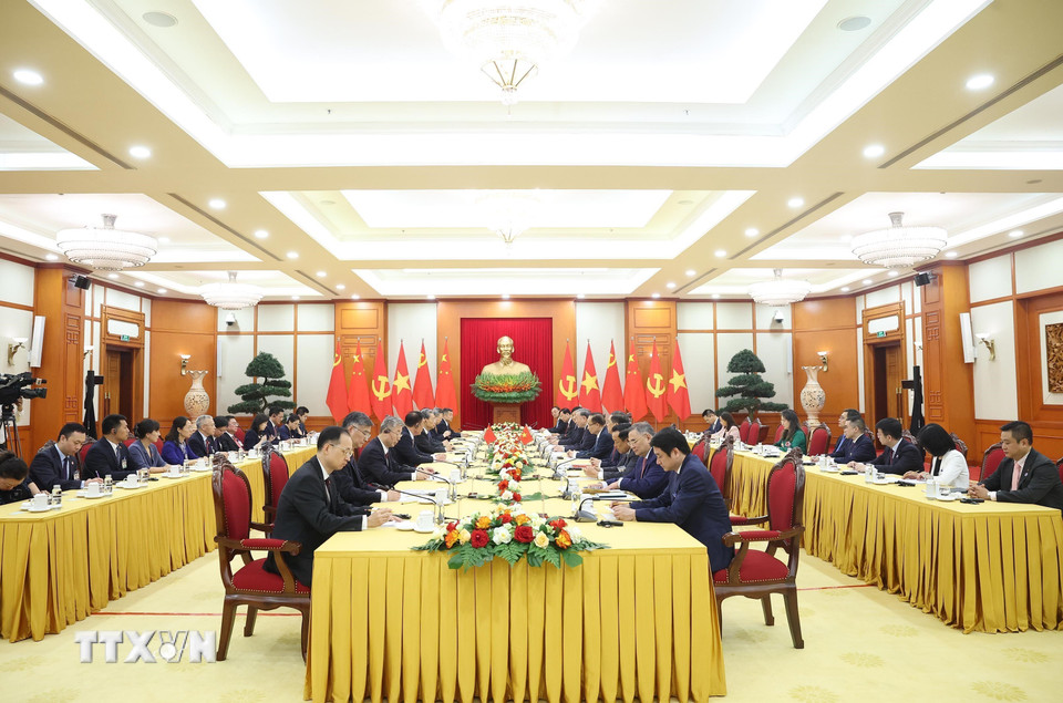 Tổng Bí thư Tô Lâm tiếp Ủy viên trưởng Nhân đại toàn quốc Trung Quốc Triệu Lạc Tế. (Ảnh: Thống Nhất/TTXVN)