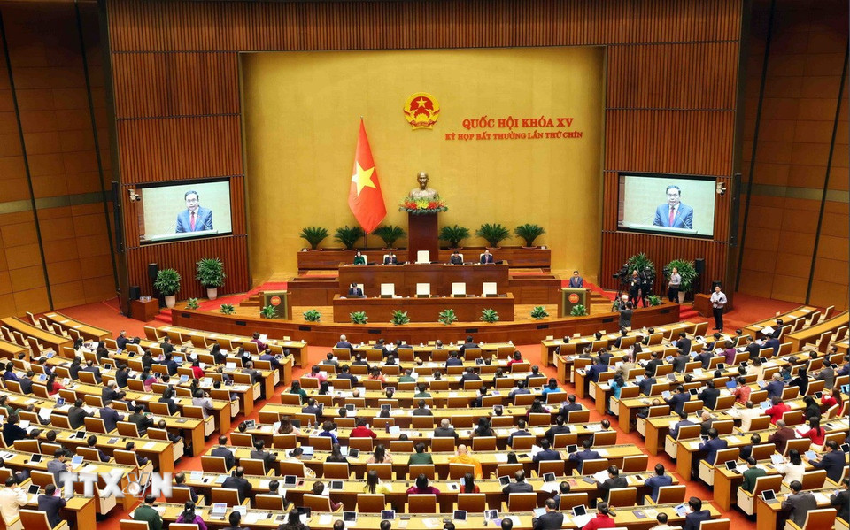 Chủ tịch Quốc hội Trần Thanh Mẫn phát biểu khai mạc Kỳ họp bất thường lần thứ 9, Quốc hội khóa XV. (Ảnh: Phạm Kiên/TTXVN)