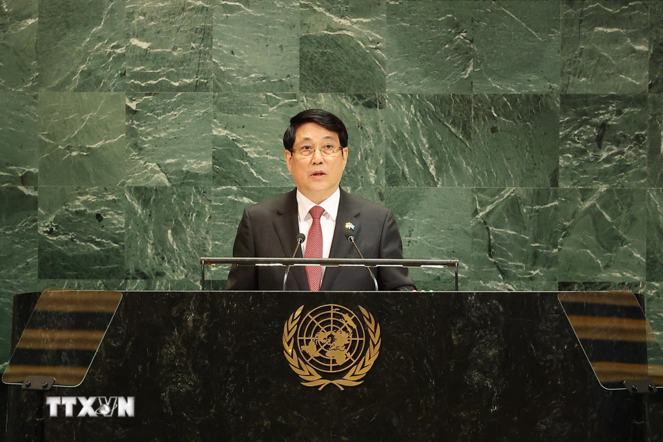 Chủ tịch nước Lương Cường phát biểu tại Phiên Thảo luận chung cấp cao Đại hội đồng Liên hợp quốc Khóa 80. (Ảnh: Lâm Khánh/TTXVN)