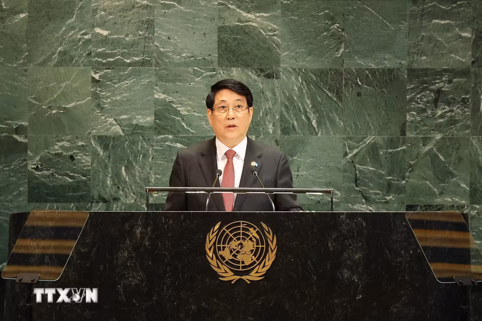 Chủ tịch nước Lương Cường phát biểu tại Phiên Thảo luận chung cấp cao Đại hội đồng Liên hợp quốc Khóa 80. (Ảnh: Lâm Khánh/TTXVN)