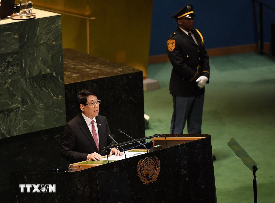 Chủ tịch nước Lương Cường phát biểu tại Phiên Thảo luận chung cấp cao Đại hội đồng Liên hợp quốc Khóa 80. (Ảnh: Lâm Khánh/TTXVN)