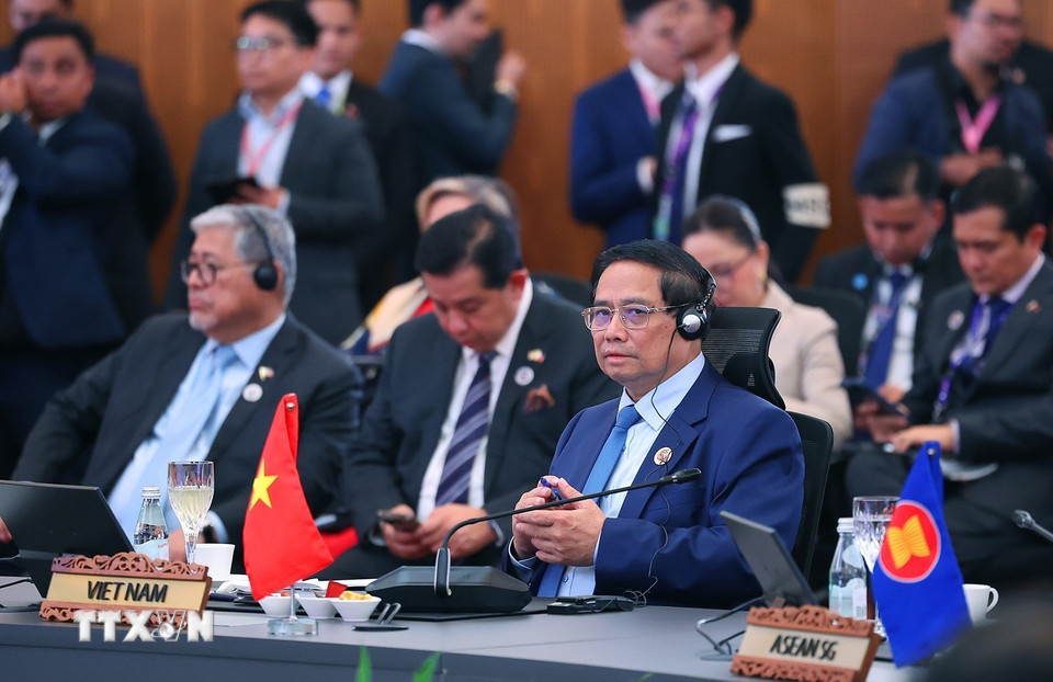 Thủ tướng Phạm Minh Chính dự và phát biểu tại Hội nghị Cấp cao Kinh tế ASEAN - Hội đồng Hợp tác Vùng Vịnh (GCC) - Trung Quốc. (Ảnh: Dương Giang/TTXVN)