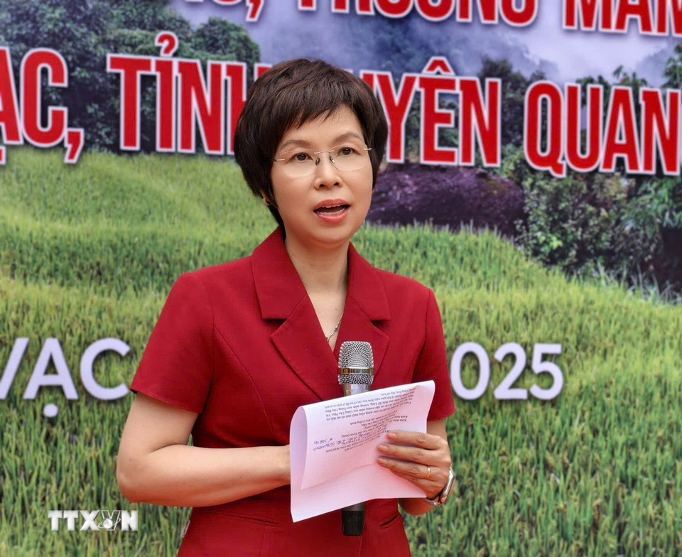 Nhà báo Vũ Việt Trang, Bí thư Đảng ủy, Tổng Giám đốc TTXVN phát biểu tại lễ khánh thành. (Ảnh: Huy Thông/TTXVN)