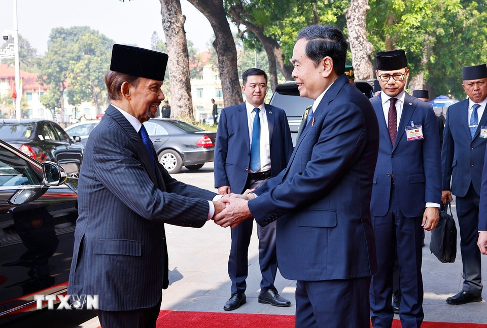 Chủ tịch Quốc hội Trần Thanh Mẫn đón Quốc vương Brunei Darussalam Haji Hassanal Bolkiah. (Ảnh: Doãn Tấn/TTXVN)