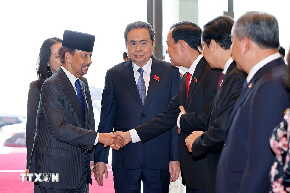Chủ tịch Quốc hội Trần Thanh Mẫn và đoàn đại biểu Việt Nam đón Quốc vương Brunei Darussalam Haji Hassanal Bolkiah. (Ảnh: Doãn Tấn/TTXVN)