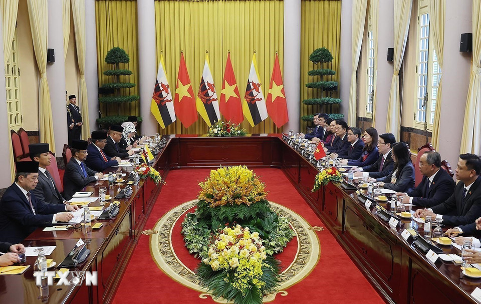 Chủ tịch nước Lương Cường hội đàm với Quốc vương Brunei Darussalam Haji Hassanal Bolkiah. (Ảnh: Lâm Khánh/TTXVN)