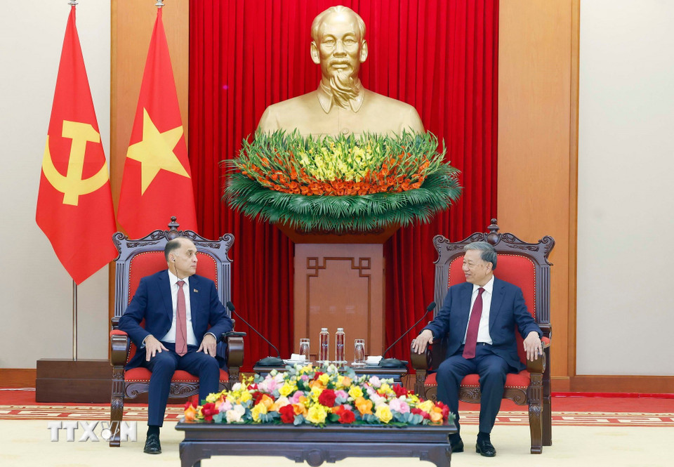 Tổng Bí thư Tô Lâm tiếp Thư ký Hội đồng An ninh quốc gia Belarus Volfovich Aleksandr Grigorievich. (Ảnh: Thống Nhất/TTXVN)