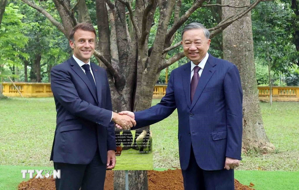 Tổng Bí thư Tô Lâm và Tổng thống Pháp Emmanuel Macron tại lễ trồng cây hữu nghị. (Ảnh: Phạm Kiên/TTXVN)