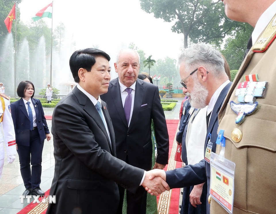 Tổng thống Sulyok Tamas giới thiệu thành viên đoàn Hungary với Chủ tịch nước Lương Cường. (Ảnh: Lâm Khánh/TTXVN)